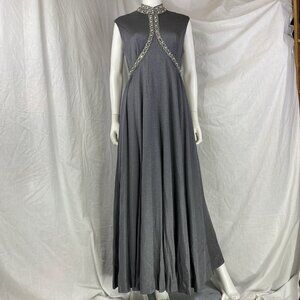 Pearl Sequin Jumpsuit Metal Gray Beaded Metallic Disco Bell Palazzo 60s MOD VTG